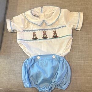 Charming Blue and White Boys smocked bubble with Bunny Embroidery